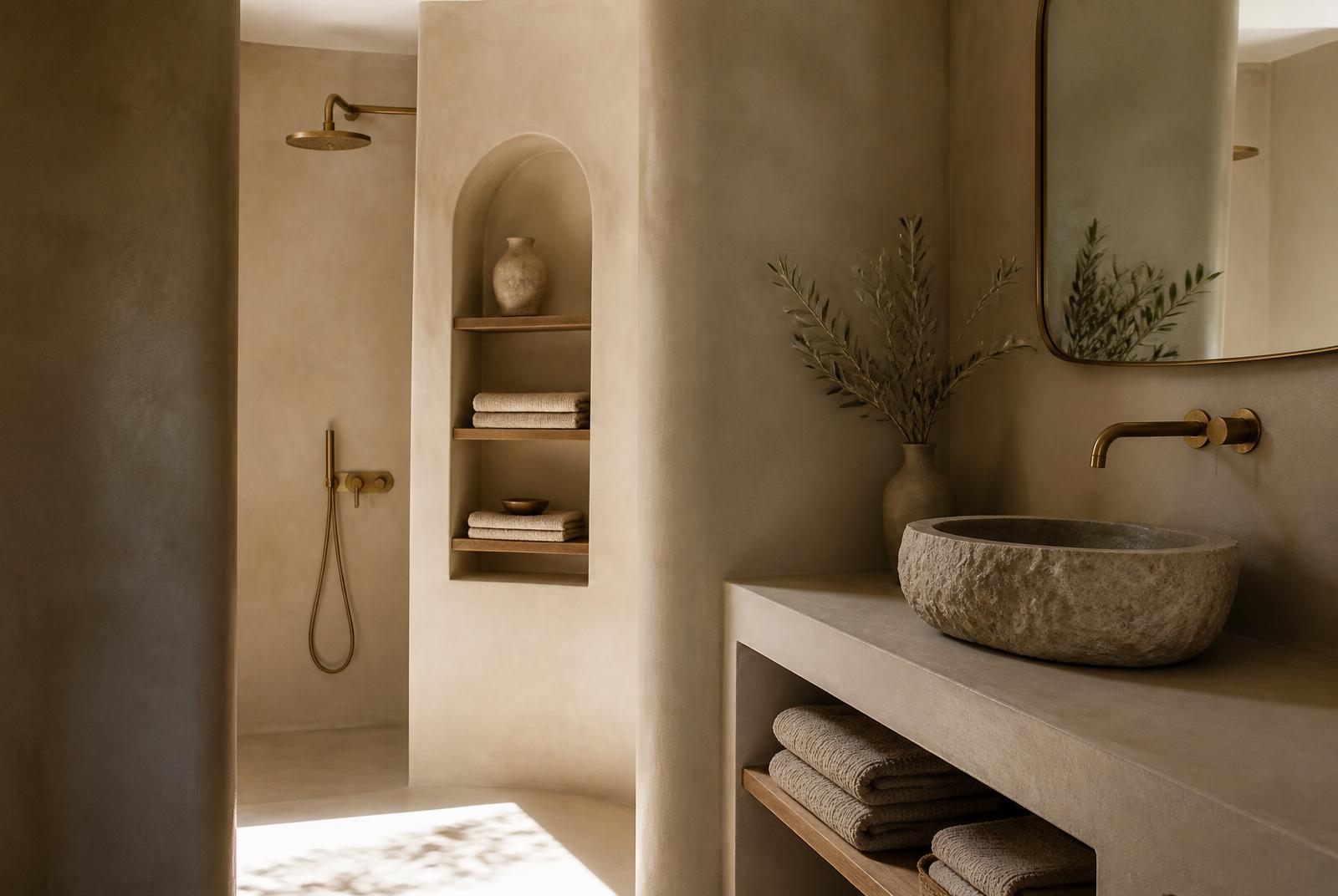 Bathroom in warm microcement with a stone basin