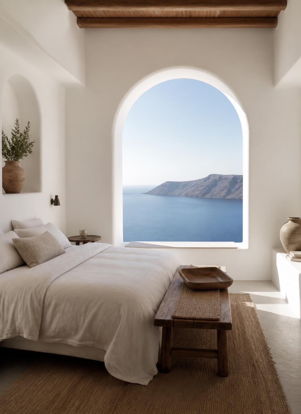 Principal bedroom with an arched window over the Aegean