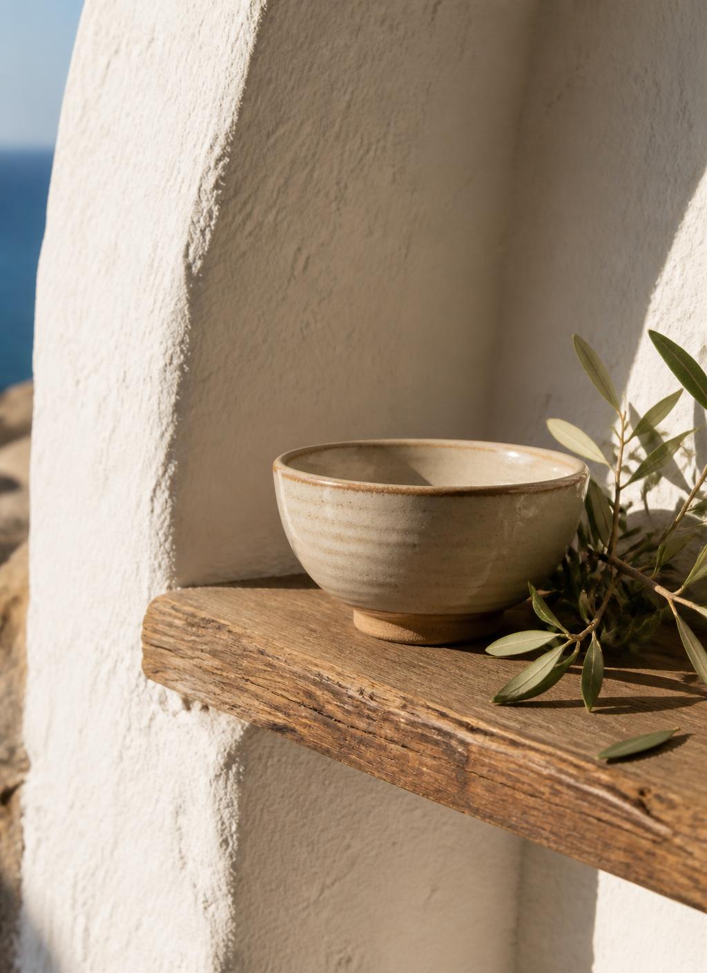Ceramic bowl and olive branch on a wooden ledge