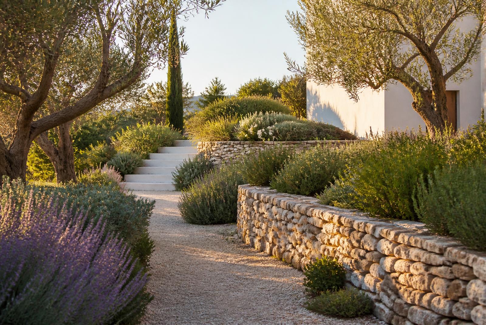 Terraced Mediterranean garden with olive trees and lavender