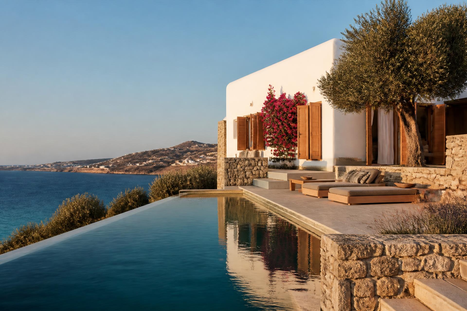Aelia House, a white Cycladic villa above an infinity pool on Paros at golden hour
