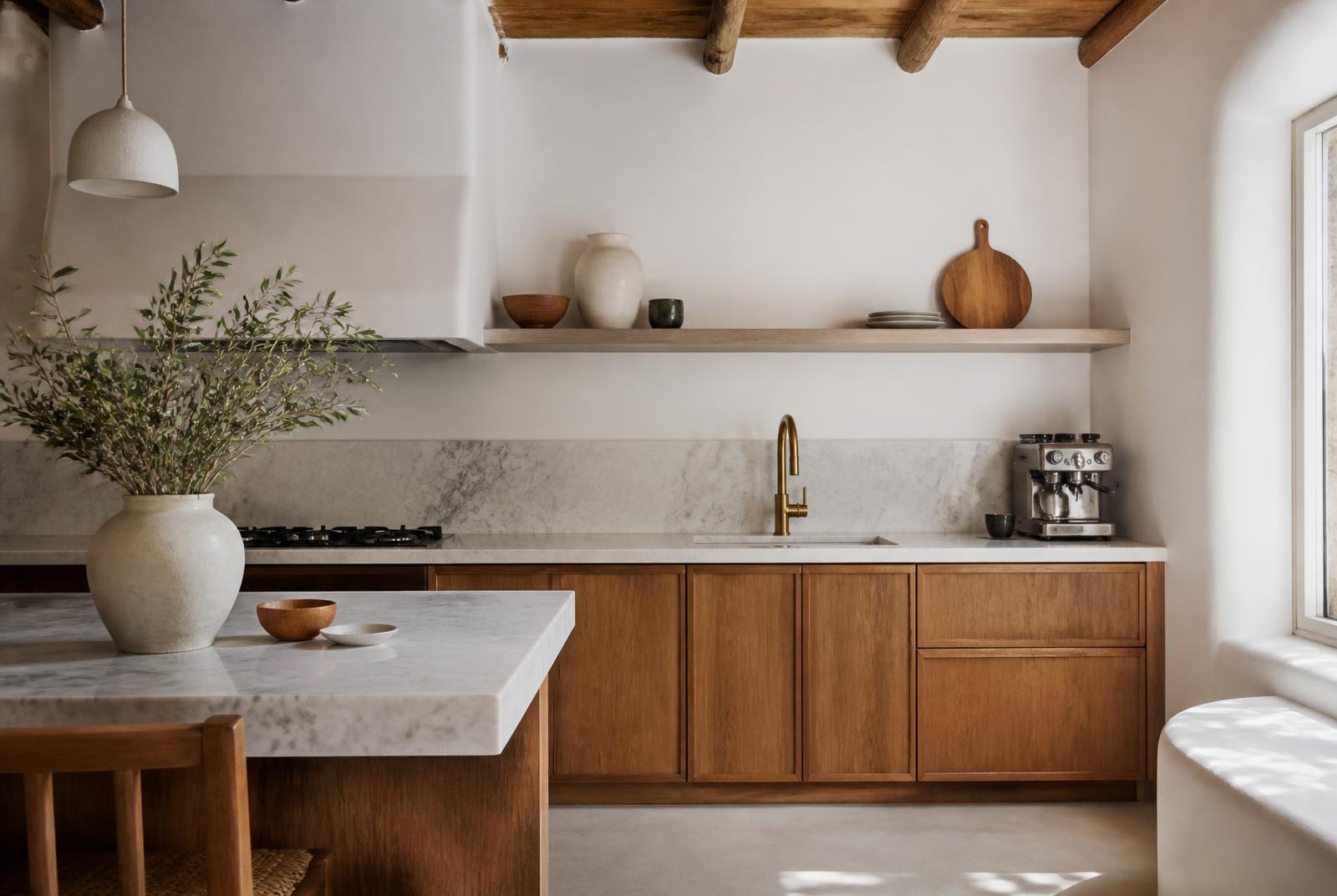 Kitchen with marble counters, oak cabinetry and espresso machine