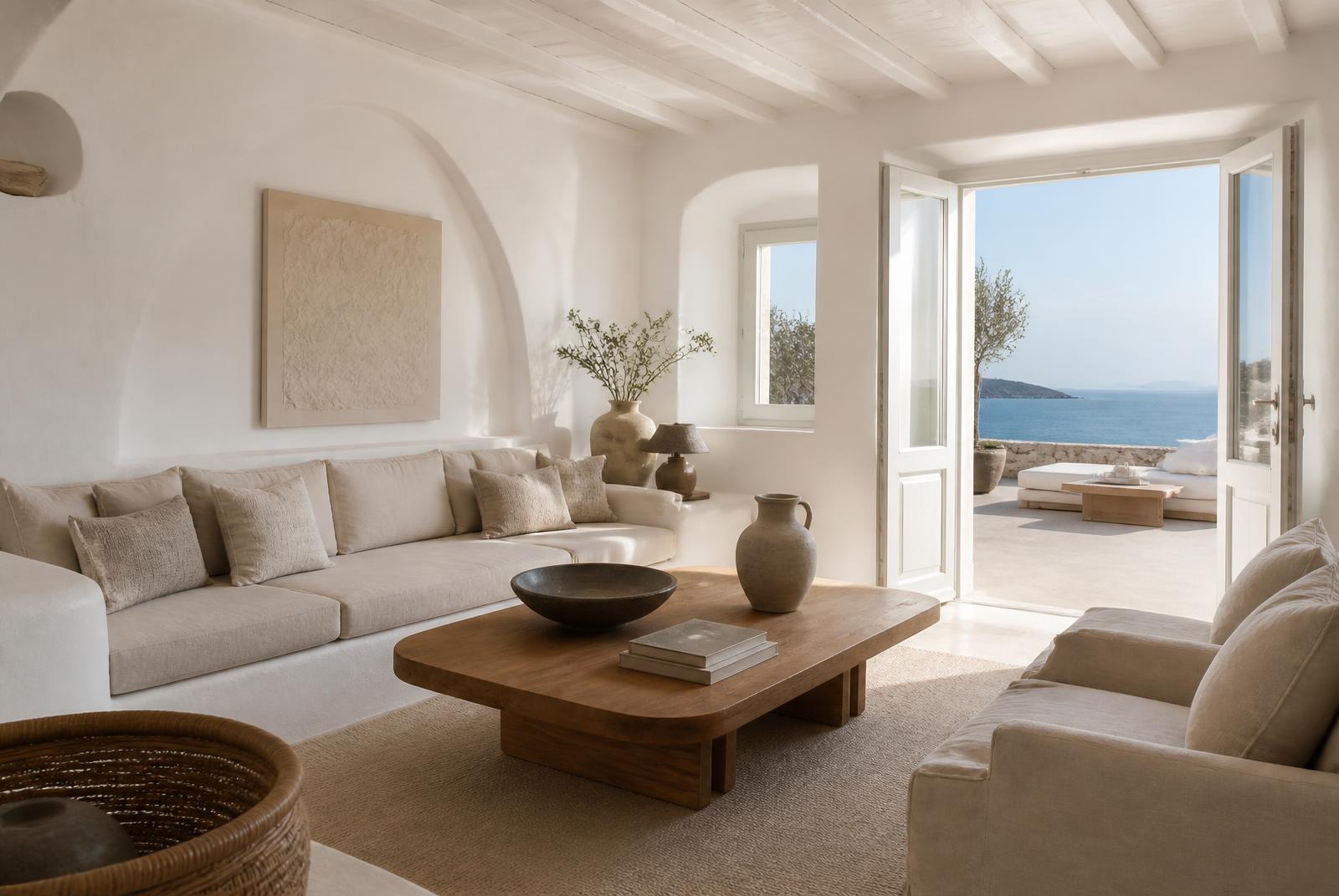 Living room with linen sofas opening to a sea-view terrace