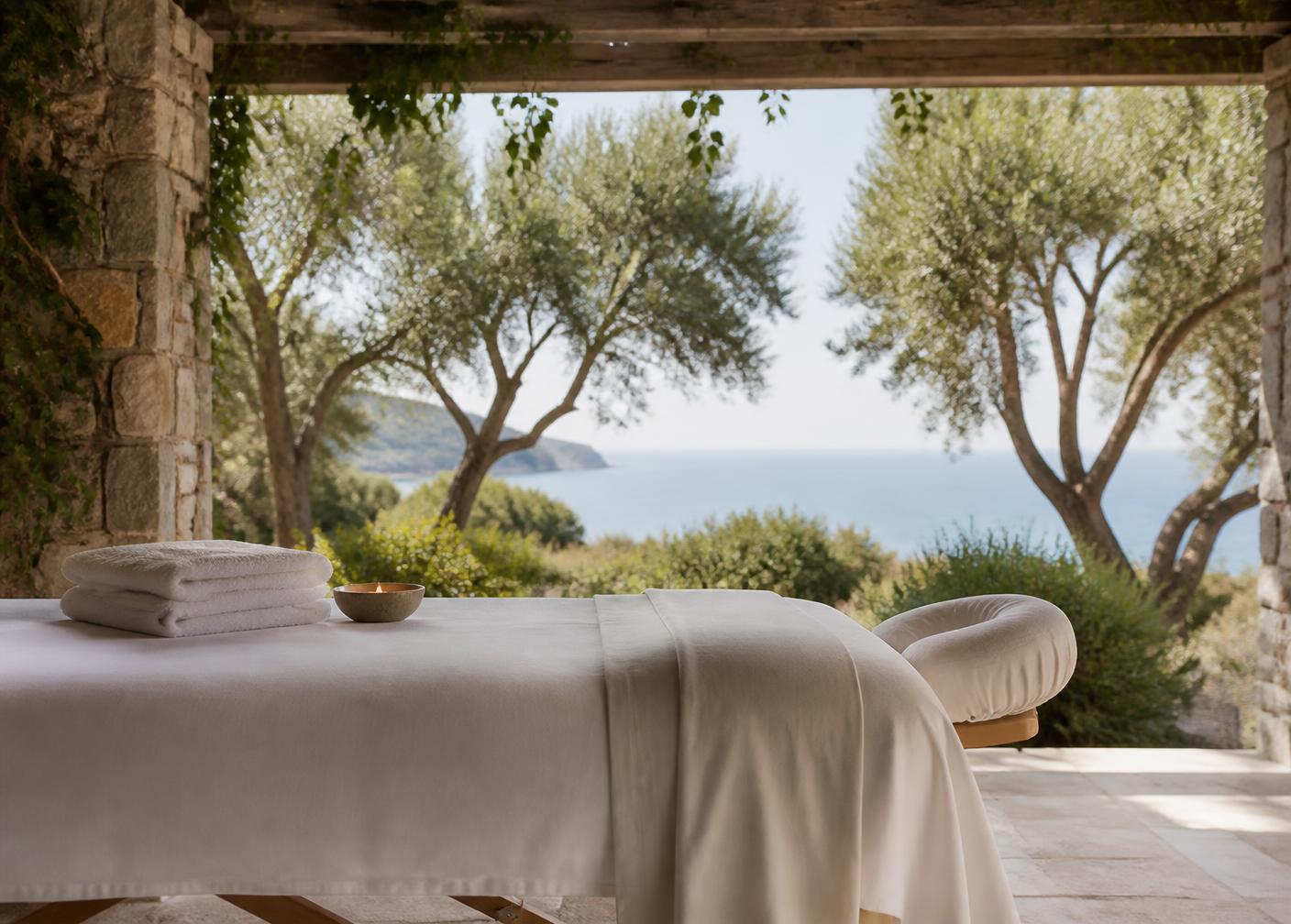 Massage table set beneath olive trees with a sea view