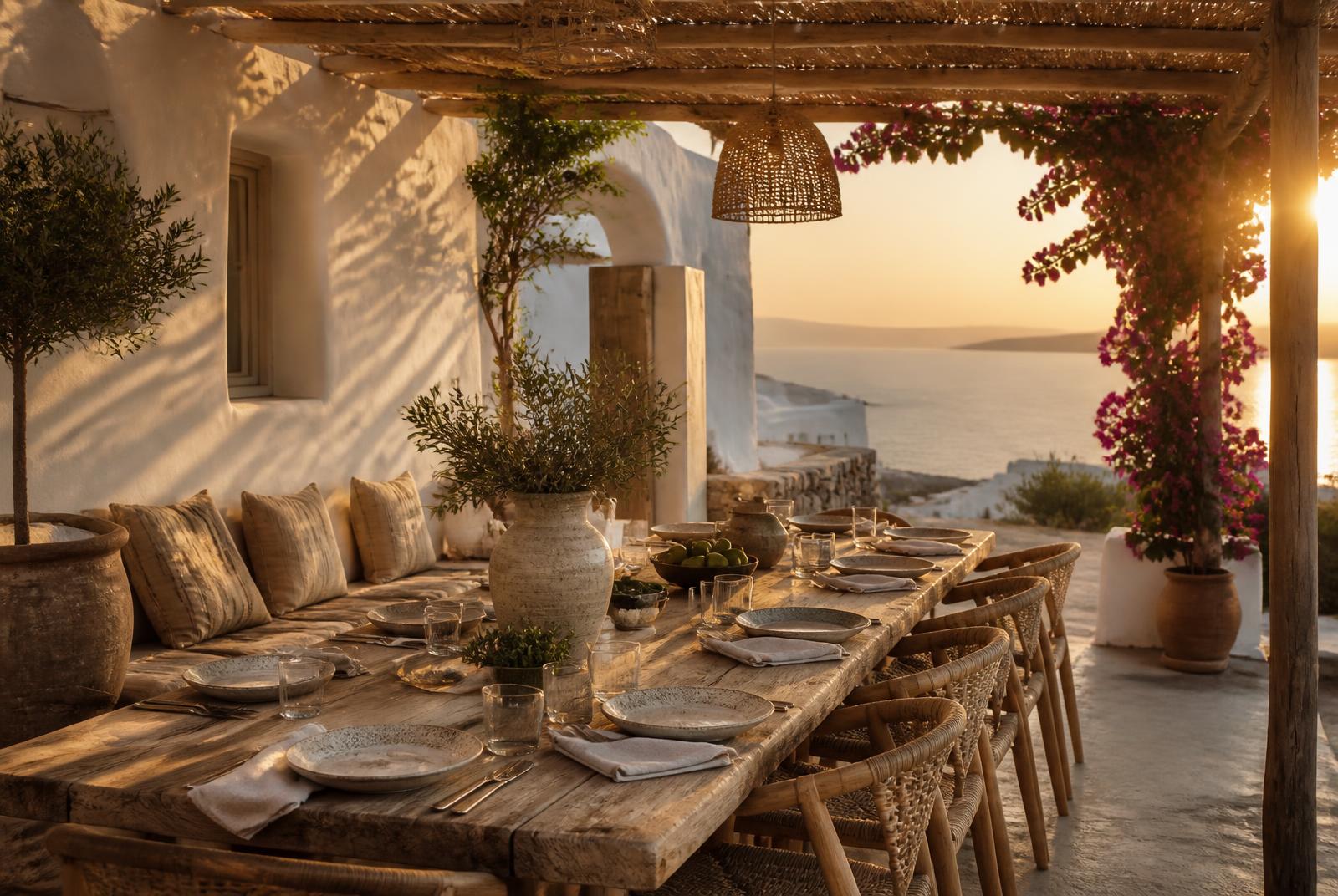 Long outdoor dining table set at golden hour