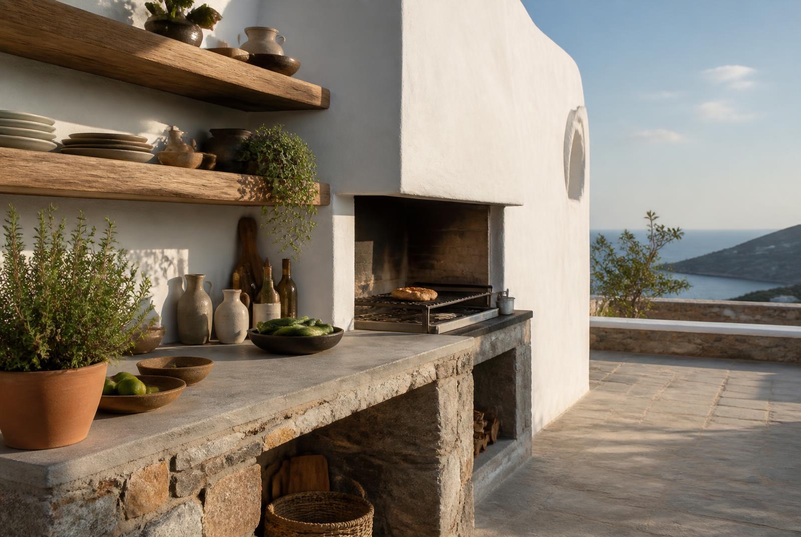 Stone summer kitchen with built-in charcoal grill