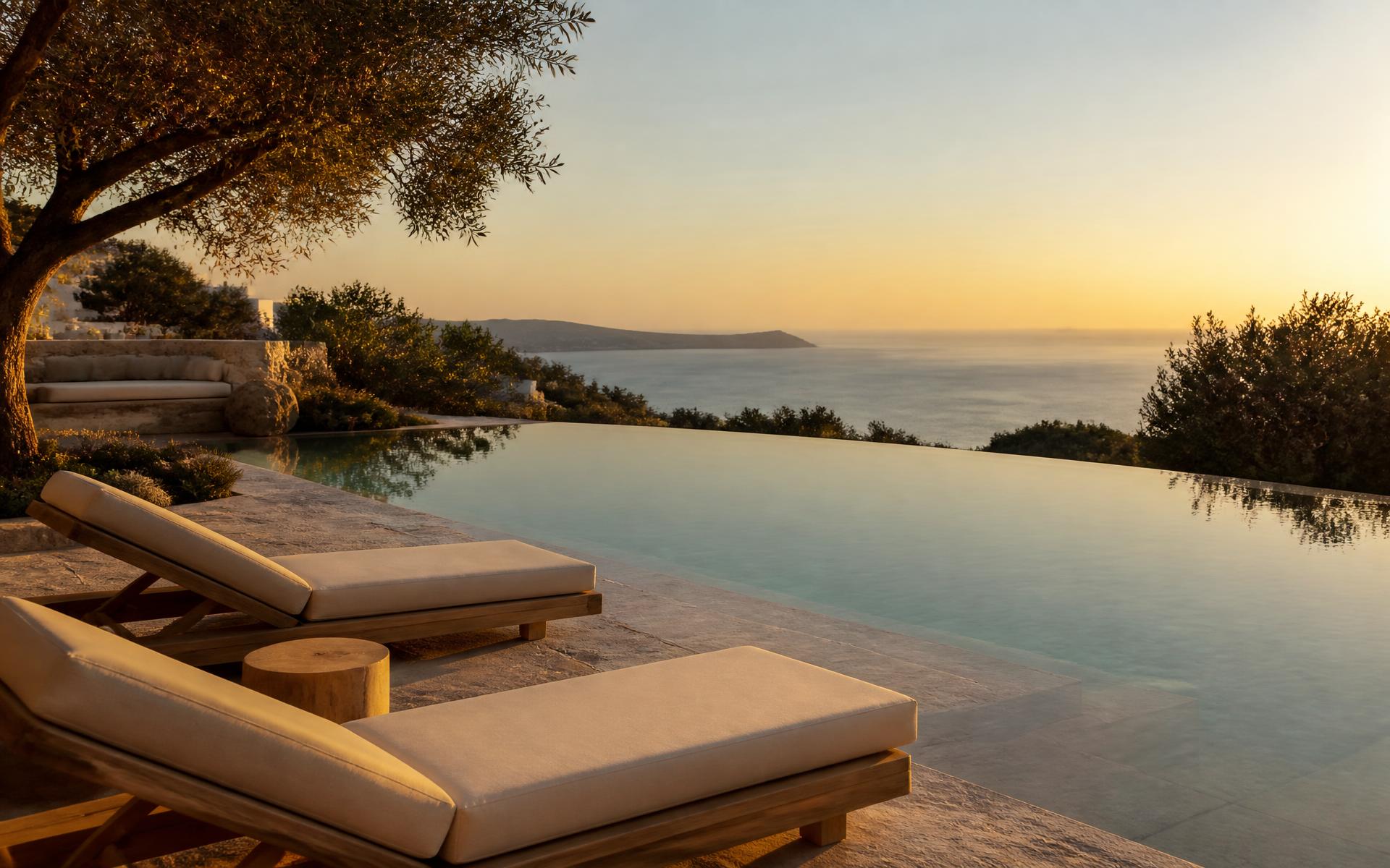 Infinity pool at Aelia House meeting the sea at sunset
