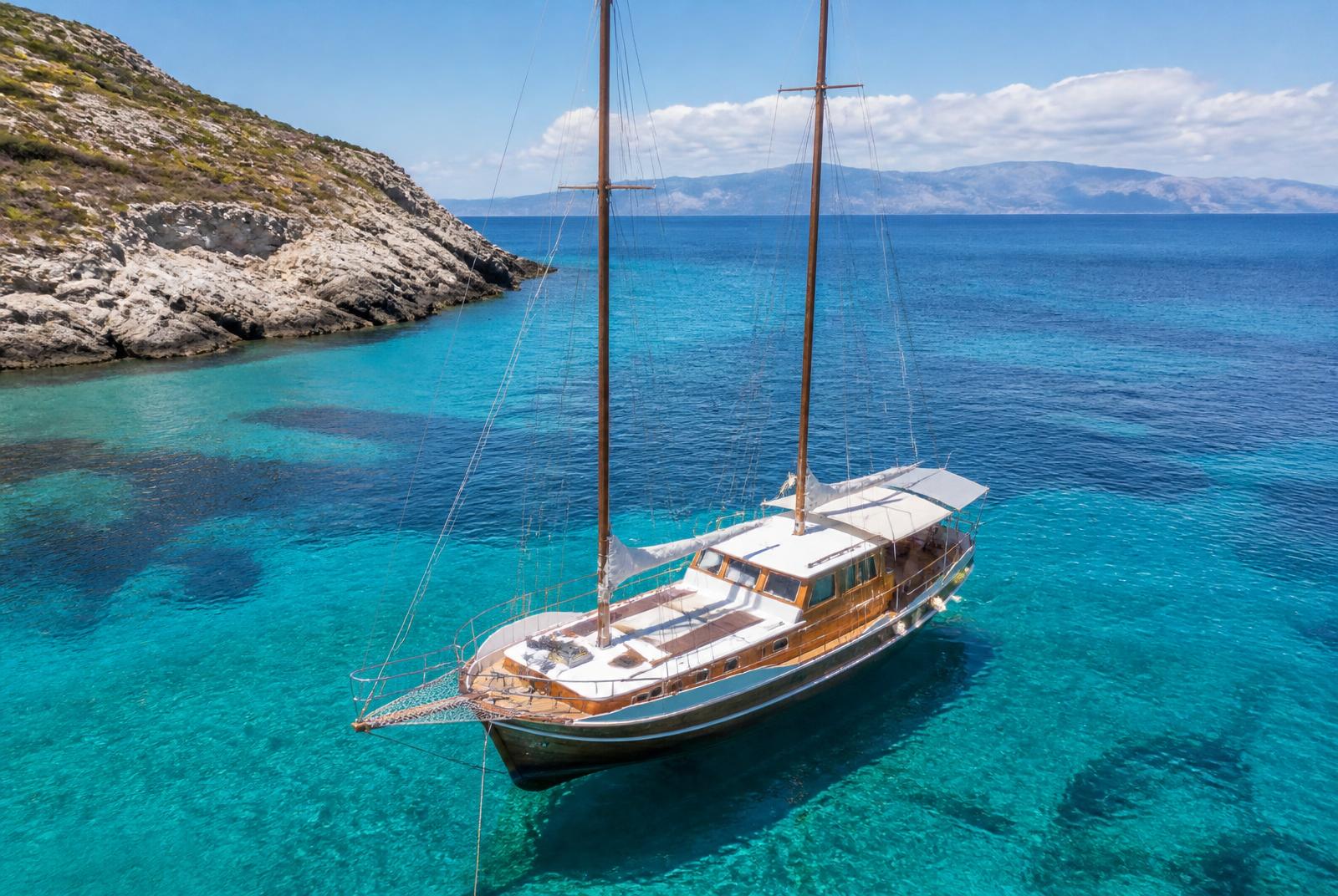 Wooden sailing boat anchored in clear turquoise water
