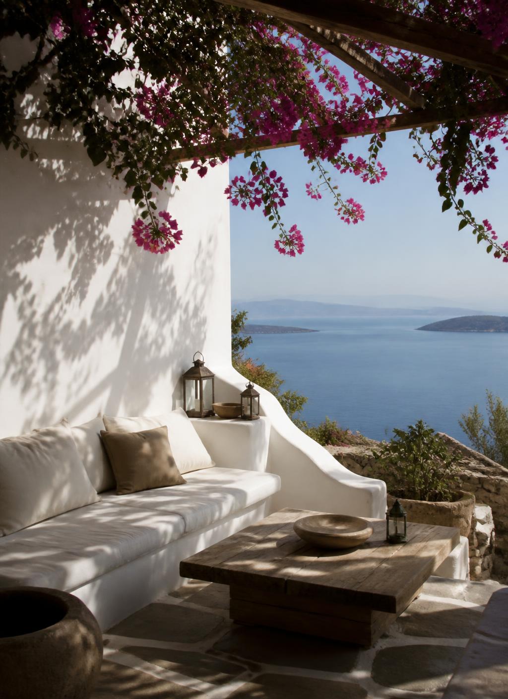 Shaded terrace bench beneath bougainvillea with sea view