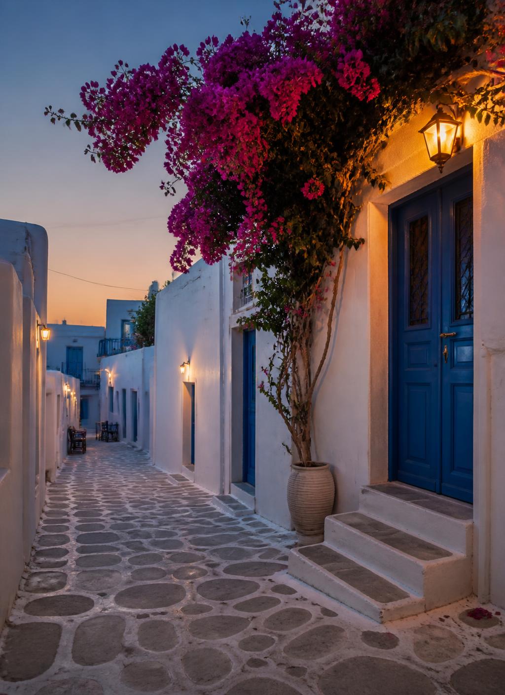 Whitewashed lane in Naousa at dusk