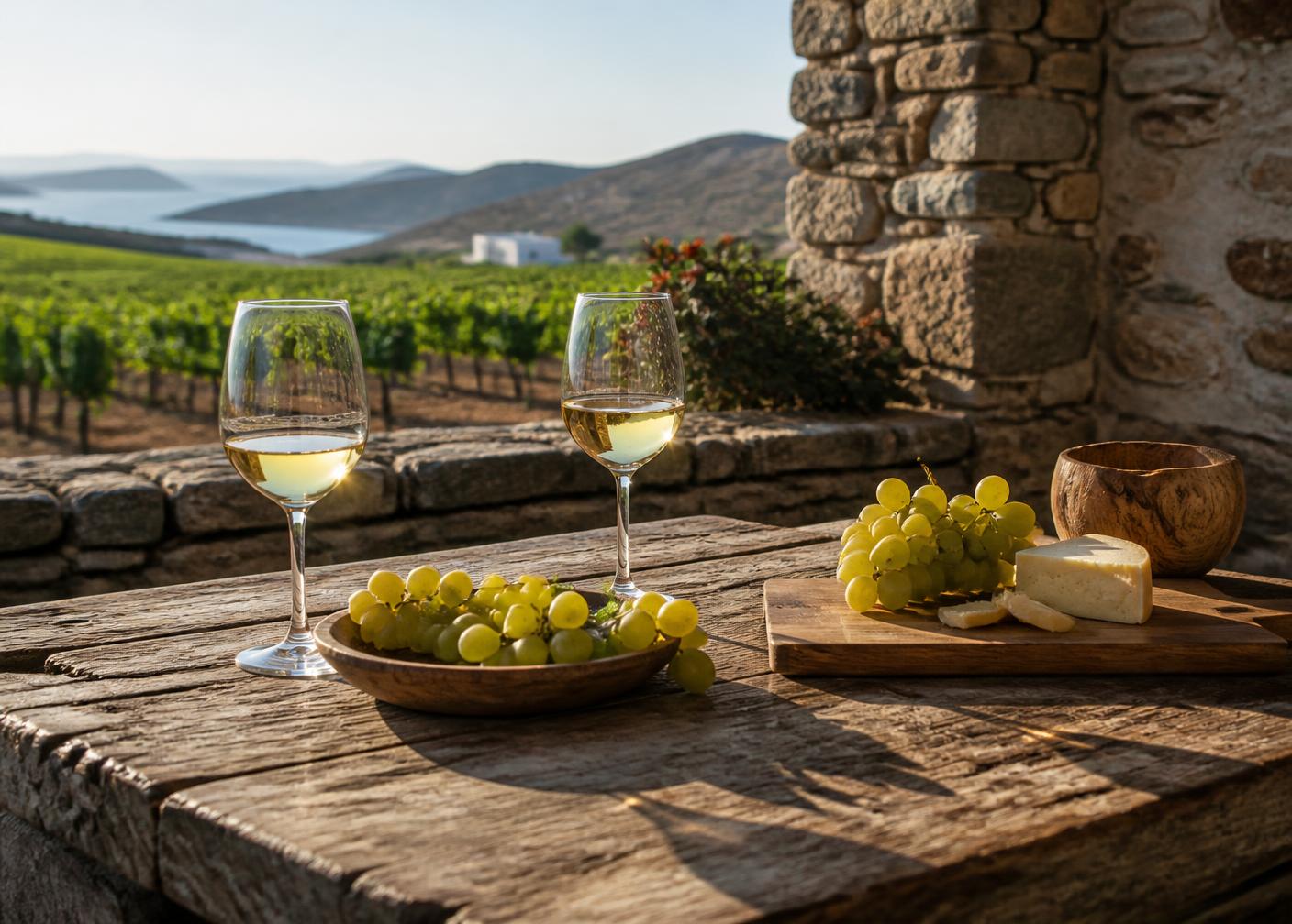 Wine glasses and grapes on a table overlooking a vineyard